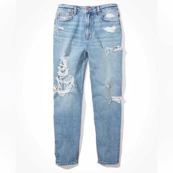 American Eagle Relaxed Mom Jeans Size 4 Destructed High Waist Light Wash - Picture 4 of 14